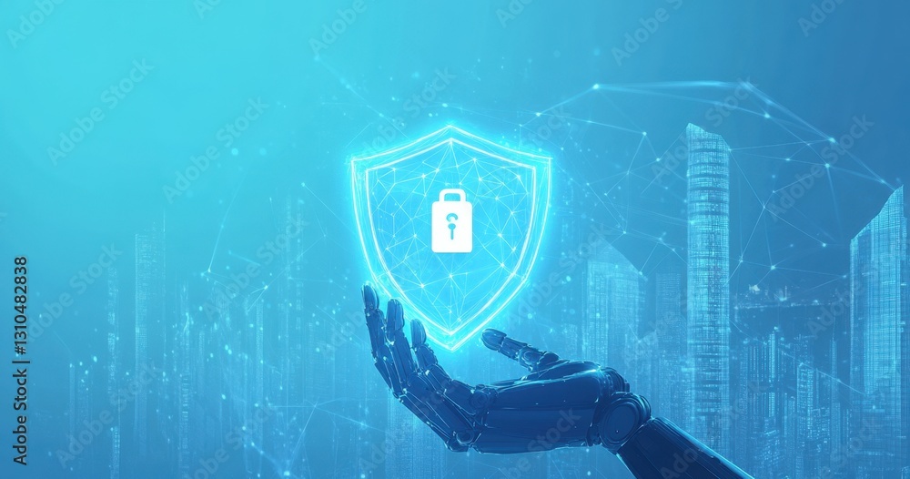 Poster a robot hand holding an ai security shield icon with a cityscape background, symbolizing the integra
