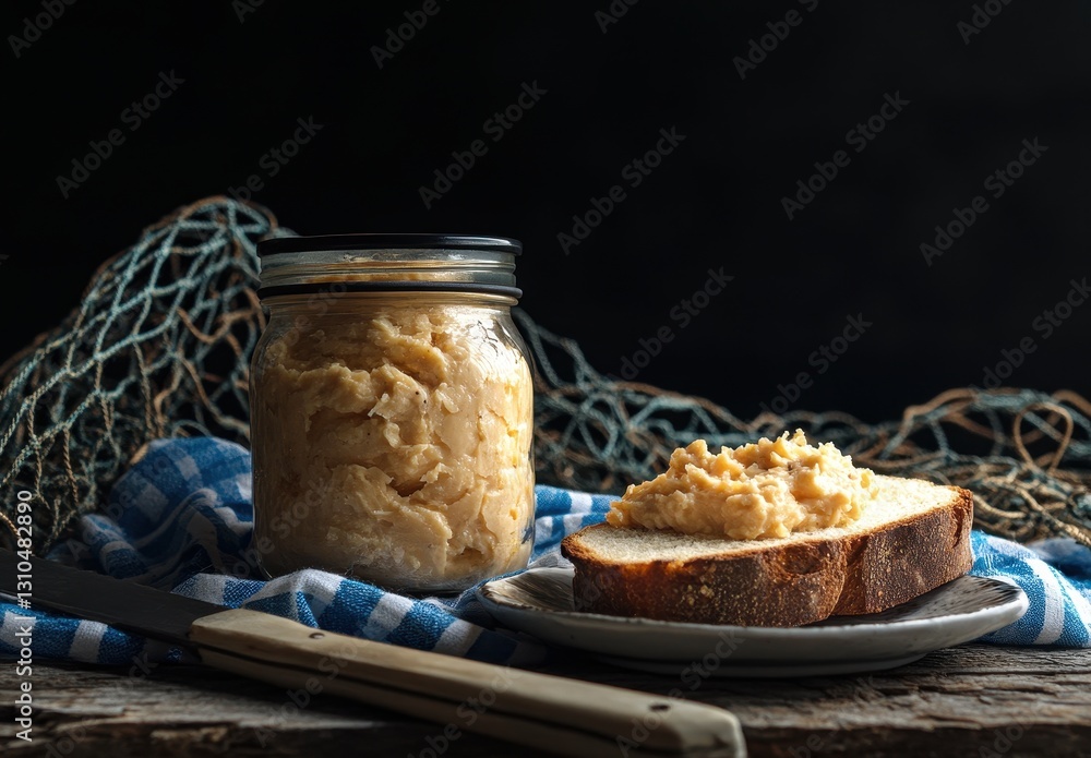 Aufkleber jar of creamy spread on rustic table with slice of bread, kitchen setting and natural light creating