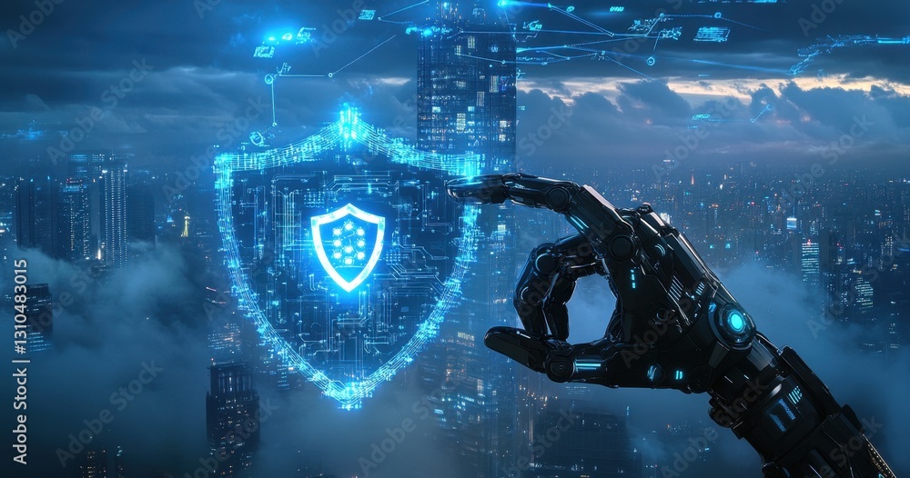 Poster a robot hand holding an icon for digital security, with a cityscape in the background and a blue col