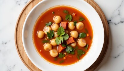 Savory minestrone soup with pasta and vegetables, clean presentation, culinary delight, copy space