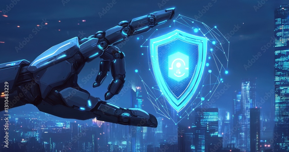 Poster a robot hand holding an icon for digital security, with a cityscape in the background and a blue col