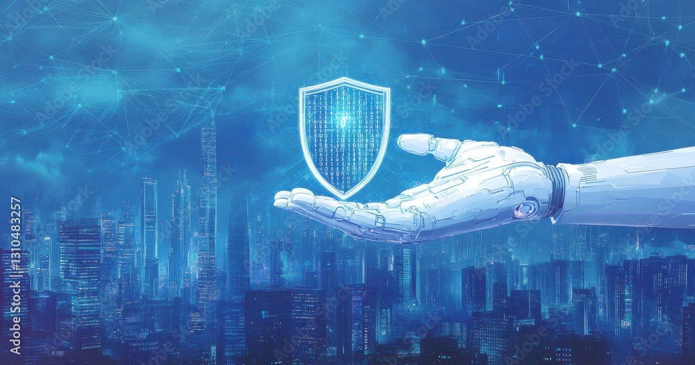 Poster a white robotic hand holding a shield icon over the cityscape, symbolizing digital security and prot