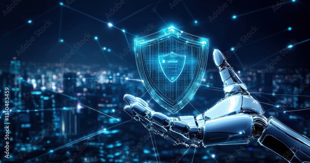 Poster robotic hand holding an icon of a shield with a blue background, cityscape in bottom right corner, w