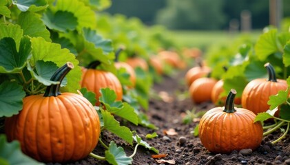 Pumpkin patch with various gourds and vines in the foreground , plants, harvest, farm