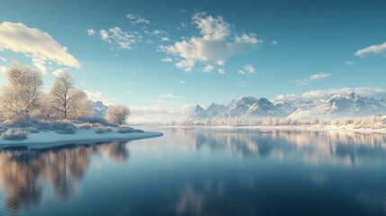 Obraz premium Winter sunrise over frozen lake and mountains