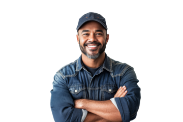 Confident man smiling with crossed arms while wearing a denim jacket and cap