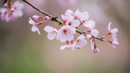 Obraz premium Soft pink blossoms on a branch with a blurred background.