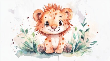 A Cute Watercolor Painting of a Friendly Lion Cub