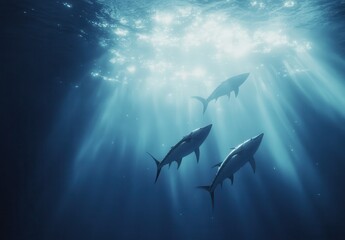 Obraz premium Majestic Sharks Swimming Gracefully in Clear Blue Ocean Water with Light Rays Illuminating Underwater Scene