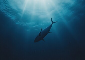 Majestic Silhouette of a Fish Swimming in Deep Blue Ocean with Sunlight Streaming Through Water Surface and Creating Hypnotic Patterns