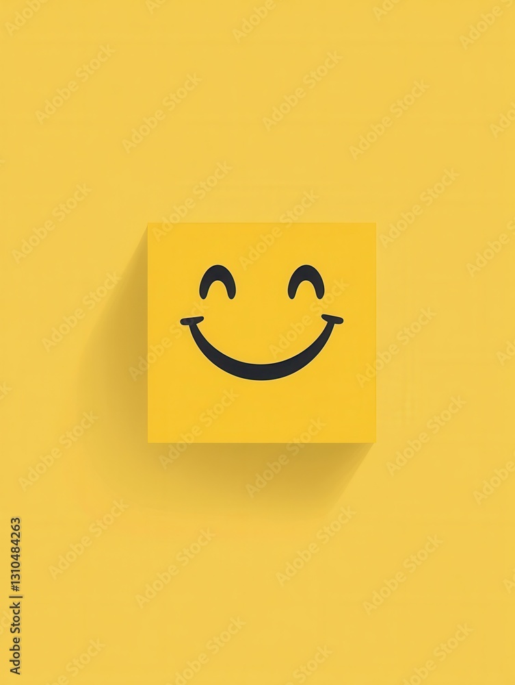 Poster bright yellow minimalist icon depicting a smiling face with a cheerful expression in flat design sty