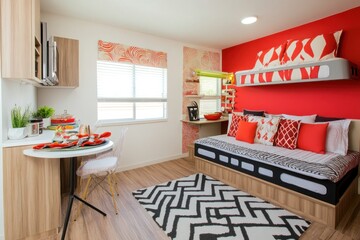 Modern Stylish Bedroom with Vibrant Red and White Accents in Contemporary Design