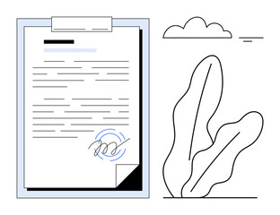 Document clipped to a board with visible text and a signature beside stylized leaves and a small cloud. Ideal for agreement, paperwork, business, legal, contract, document signing, compliance. Flat