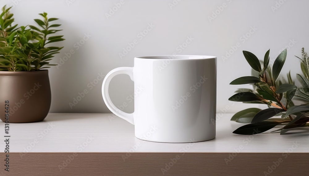 Poster minimalistic white mug on table in a clean and modern setting, showcasing the simplicity of daily li