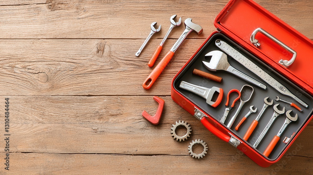 Poster a comprehensive view of a red metal toolbox displaying an array of essential tools and equipment com