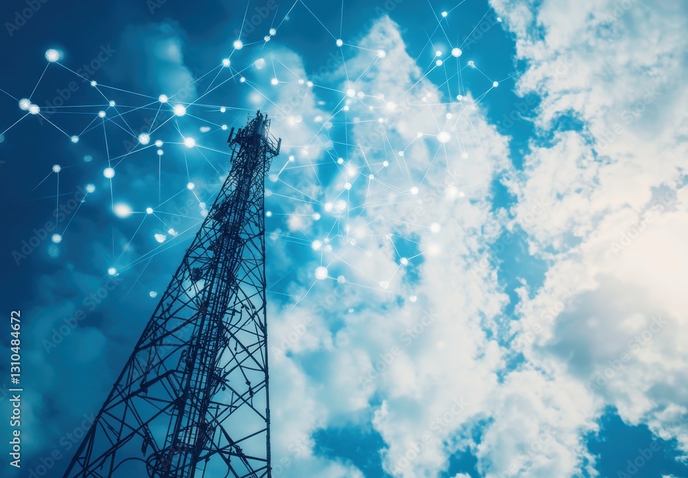 Poster modern communication tower against blue sky with cloud patterns and digital connectivity concept rep