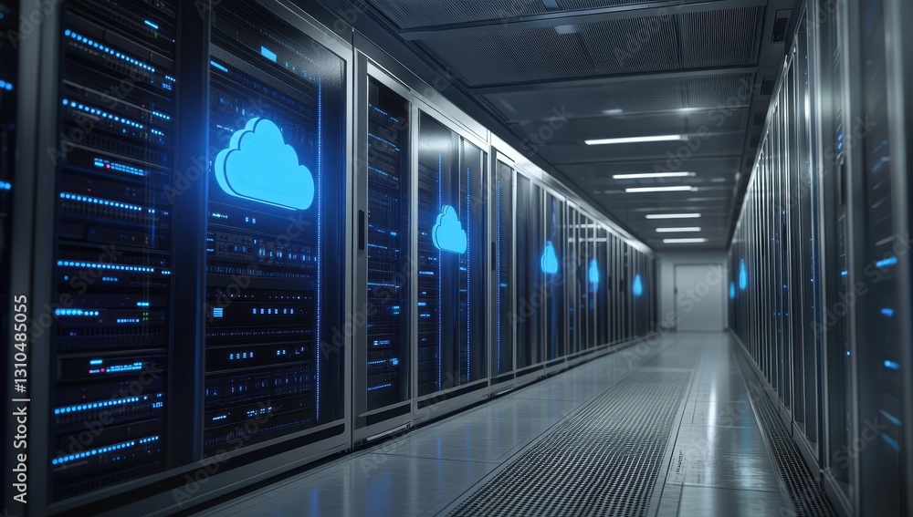 Aufkleber modern data center with cloud symbols on server racks and blue led lighting in high-tech environment