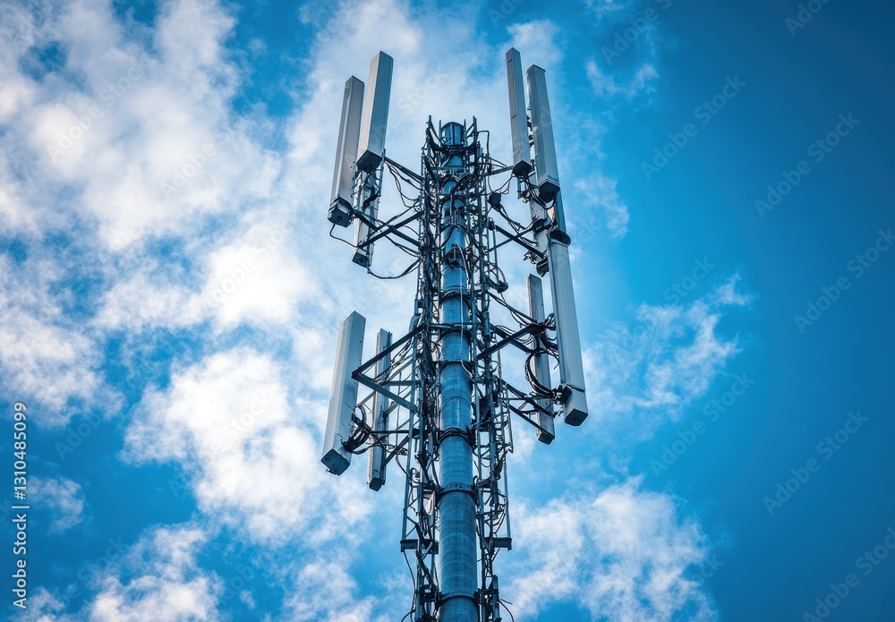 Poster modern telecom tower with antennas against a bright sky and soft clouds, symbolizing connectivity an
