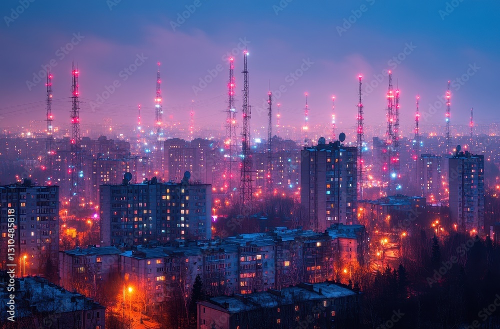 Poster nighttime cityscape with communication towers illuminated by colorful lights displaying urban techno