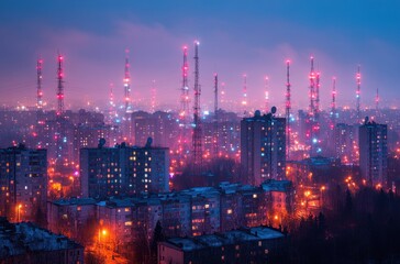 Fototapeta premium Nighttime Cityscape with Communication Towers Illuminated by Colorful Lights Displaying Urban Technology and Industrial Infrastructure in a Dusk Setting