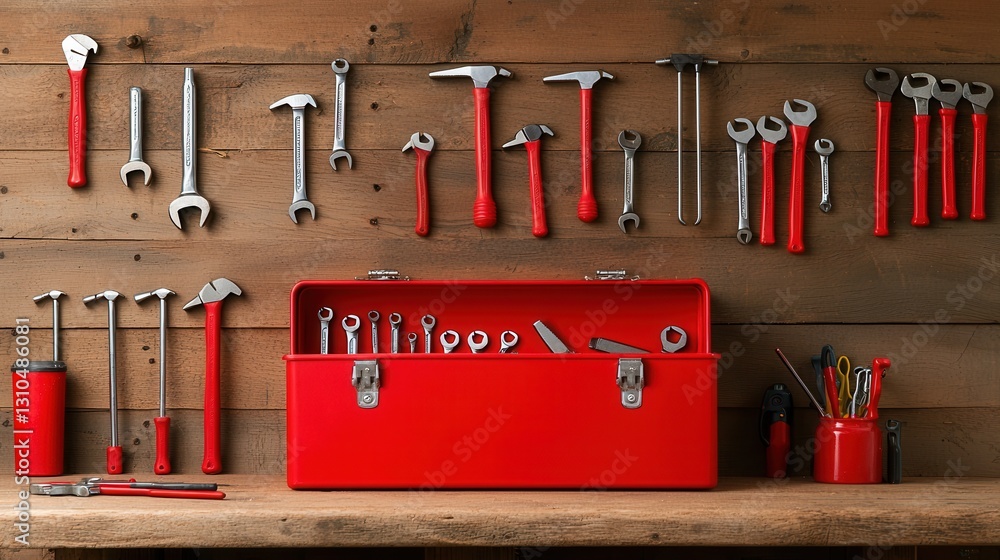 Poster a meticulously arranged red toolbox filled with an array of essential hand and power tools designed 