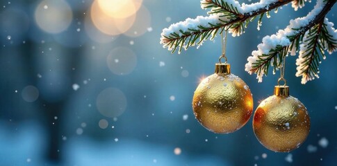 Icy gold ornaments suspended from a frosty branch, holly, sparkling decorations, festive atmosphere