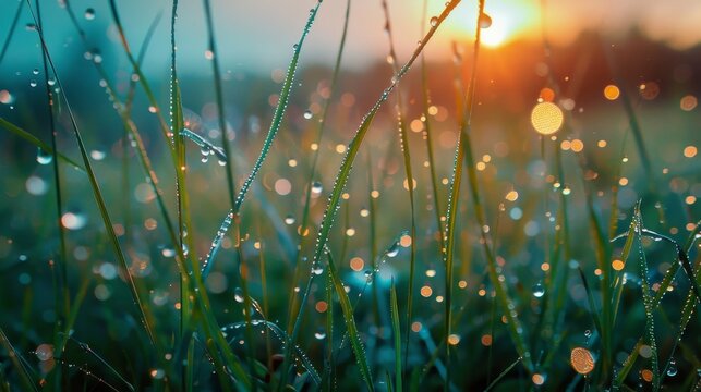 Close-up of dew drops on grass blades, with sunlight and soft bokeh creating a dreamy, peaceful morning scene..