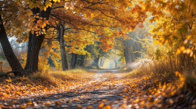 A forest path covered with golden leaves, bathed in soft sunlight, creating a peaceful autumn atmosphere in nature..