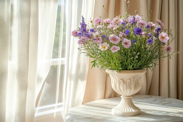 Beautiful floral arrangement in elegant vase on table with soft sunlight and curtains in background