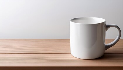 White Coffee Mug on Wooden Table against a Minimalist White Backdrop, Elevated Angle Showcasing Clean Lines and Textural Contrast, Perfect for Digital Art, Home Decor, or Design Inspiration