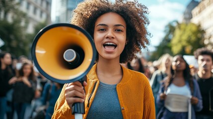 Young Woman Activist with Megaphone at Protest Rally Crowd Demonstration Public Speaking Urban City Background girl voice event image photo female    