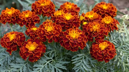 Vibrant Red Orange Marigolds Blooming in Garden