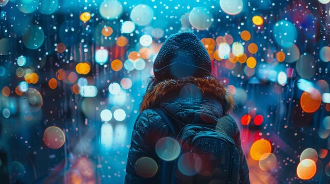 A person with a backpack stands under the glow of vibrant city lights during the evening, with rain and colorful bokeh in the background..