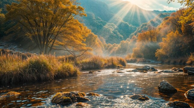 Golden sunlight streams through autumn trees along a river, creating a serene and beautiful nature scene with soft reflections..