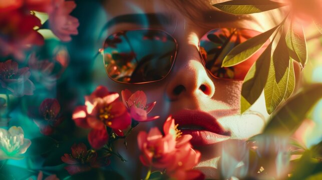 A portrait of a woman wearing sunglasses, surrounded by vibrant flowers and leaves, capturing the essence of summer and nature..
