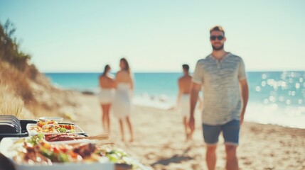 Friends gather for a barbecue on a sunny beach day, savoring food and laughter while enjoying the ocean view