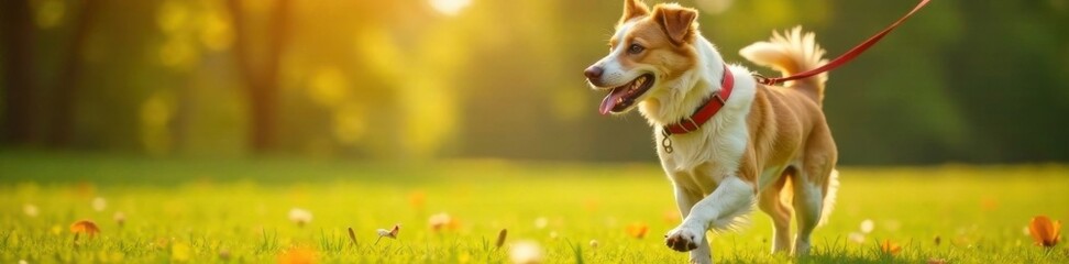 Happy dog on a short leash, playful, outdoor, animal