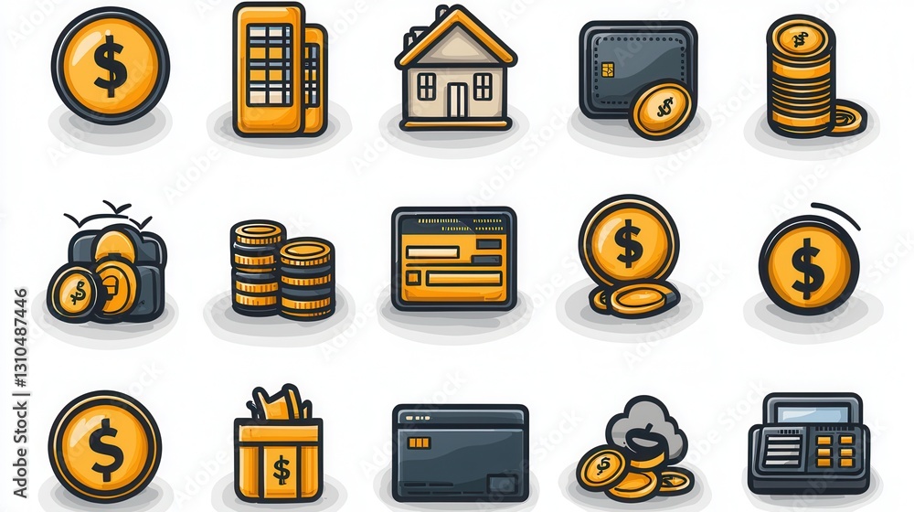 Poster comprehensive set of 15 thin line icons representing different financial and monetary concepts inclu