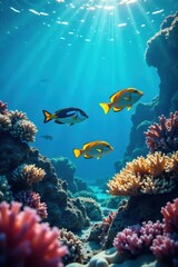 Fototapeta premium School of fish in shallow ocean water with coral reef, marine life, seafood, fish