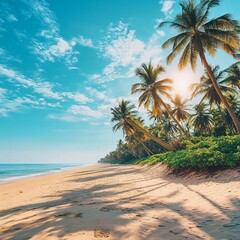 wide panoramic view of tropical beach with palm trees in india