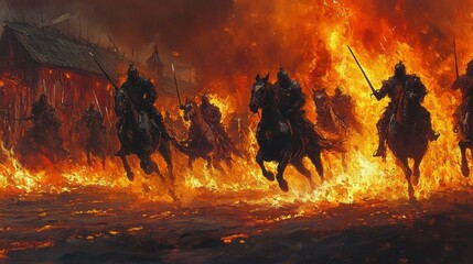 Fototapeta premium Cavalry Cavalry Leaping Moment Village Swords Over