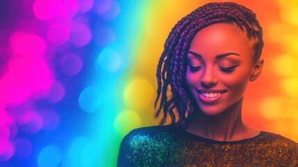 A woman with braided hair smiles softly, illuminated by a spectrum of colorful lights reflecting joy and celebration at a lively gathering