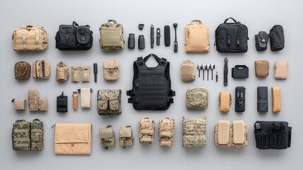 A comprehensive collection of combat ready tactical equipment and gear including backpacks pouches knives flashlights and other essential accessories for tactical adventures