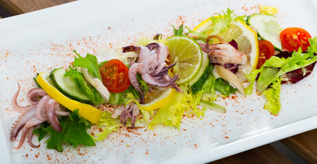 Dish of Mediterranean cuisine - salad with boiled squid, mix salad, lime and smoked paprika