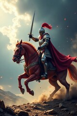 Naklejka premium knight in armor charging at dragon with sword drawn , wildlife, knight, combat