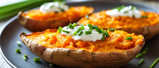 Professional image of a baked sweet potato garnished with sour cream and chives