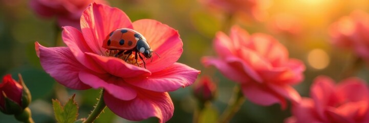 Fototapeta premium Ladybug perched on rose petals, enjoying warm sunlight , insects, roses, ladybugs