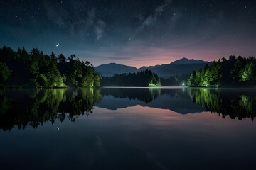 Fototapeta premium The mystical radiance of a crescent moon, weaving its enchanting spell over the tranquil waters of a serene lake, inspires a profound sense of awe and wonder.