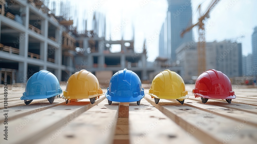 Poster a professionally composed image showcasing a group of construction workers in hard hats overseeing t