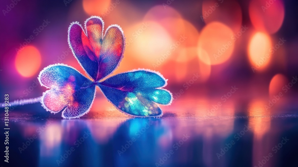 Poster a clover leaf adorned with frost catches shimmering lights on a reflective surface, creating a capti